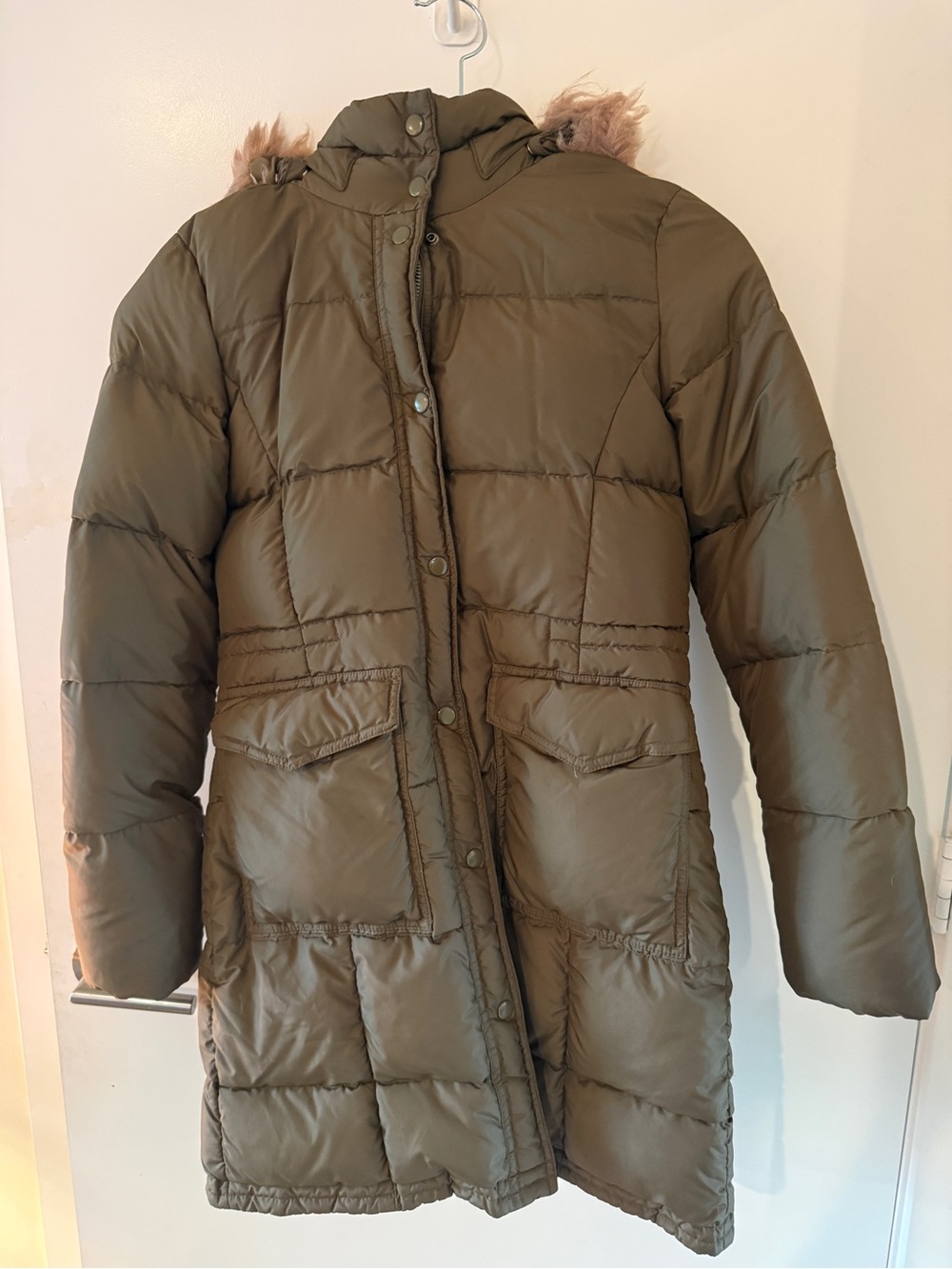 RARE J Crew Green Puffer Parka w REAL fur trim